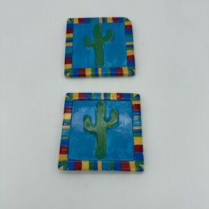 Southwestern Hanging Tiles Desert Cactus Mexican Folk Art Pottery Set Of 2 Vtg.